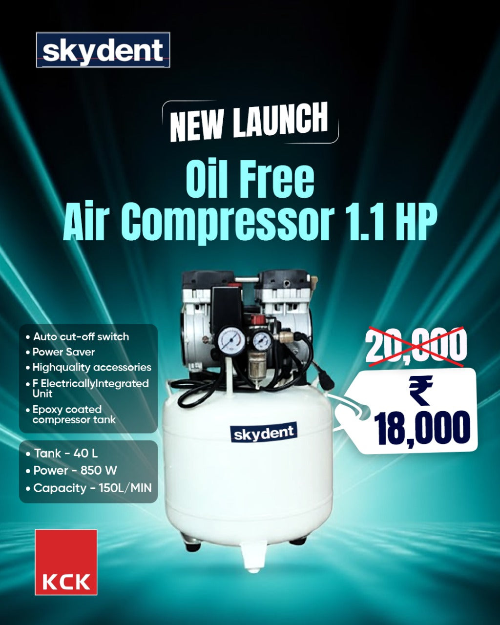 Skydent Oil Free Air Compressor 1.1 HP